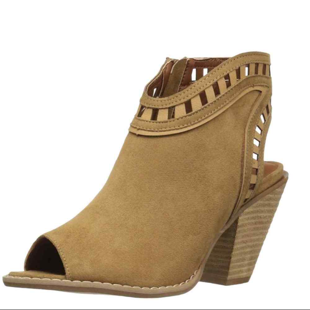 Midnight Velvet Cutwork Open Toe Heel Booties Tan faux Suede Casual Ankle Boots